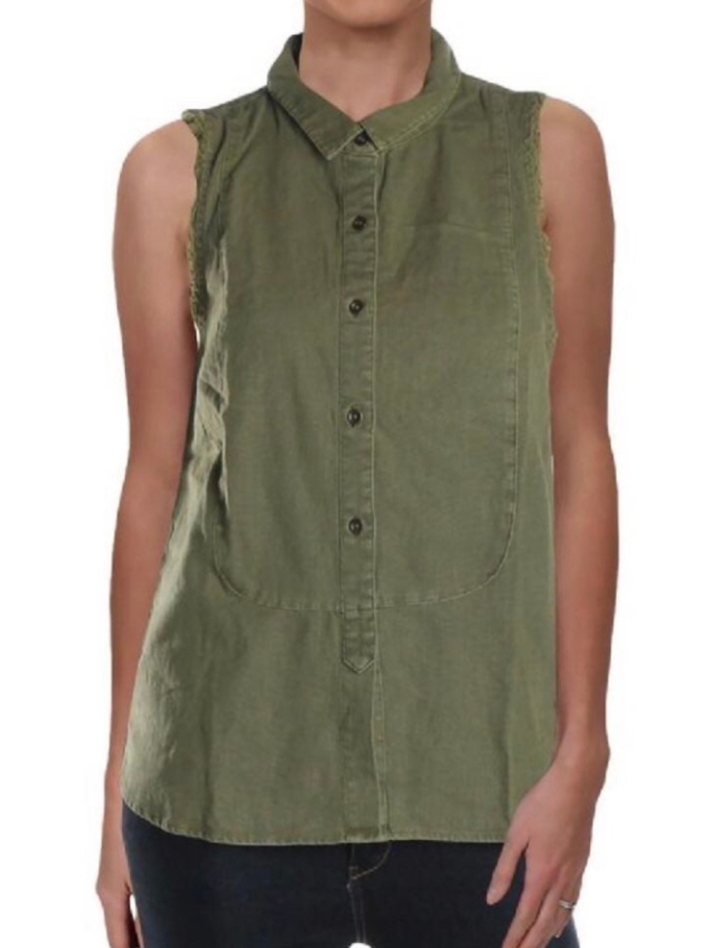 Free People Olive Green Frayed Hem Linen Blend Button Up Tank Top Women's Size S